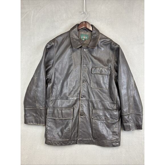 Vintage J Crew Size XL 90s Y2K Brown Leather Quilted Lined Jacket Coat Heavy Dad